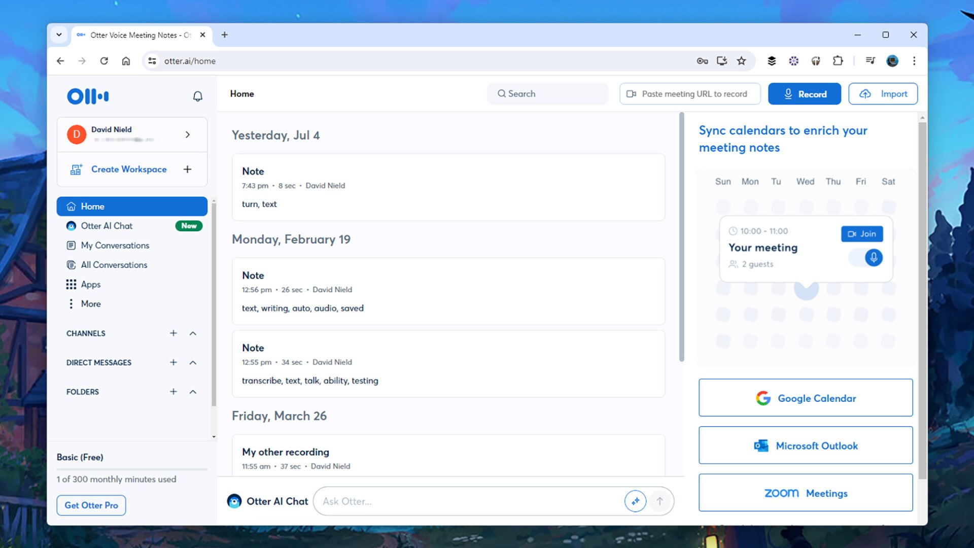 Otter dashboard on desktop.