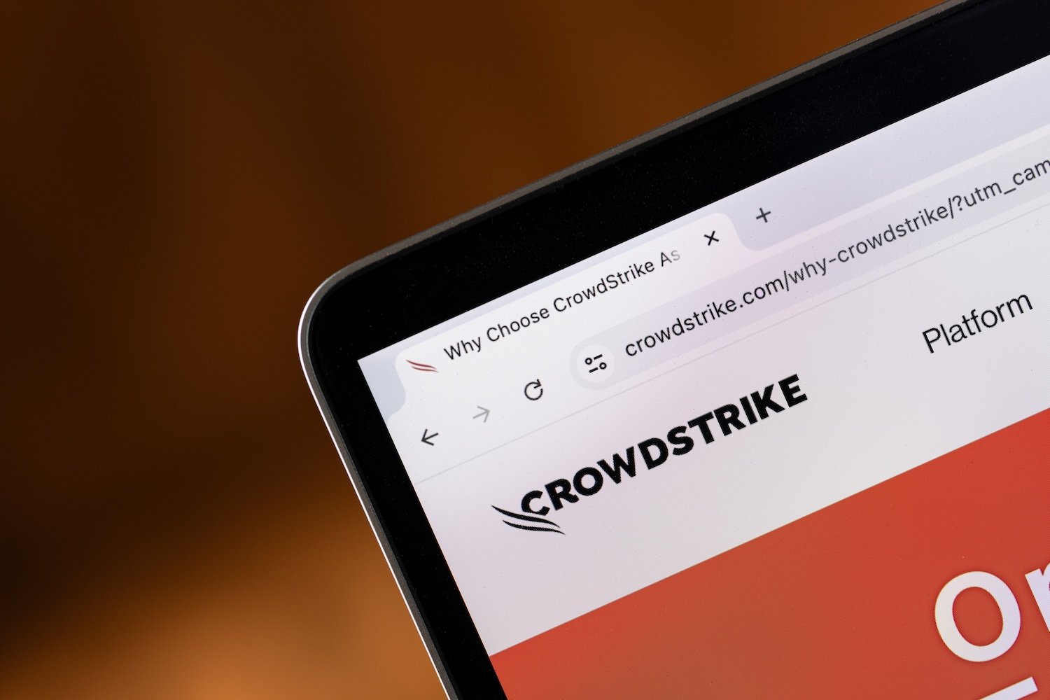 Crowdstrike logo seen on a laptop monitor.