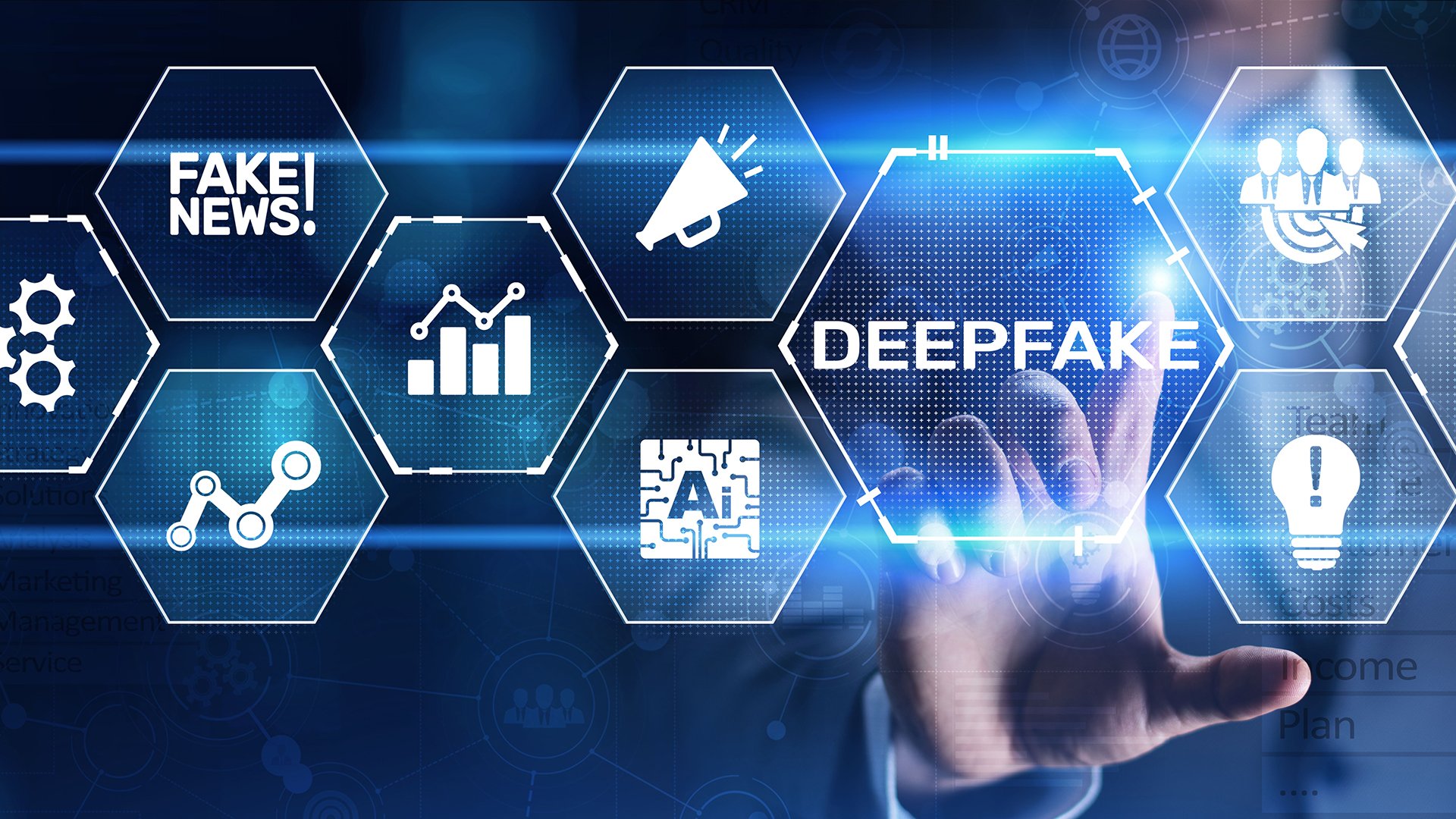 A collection of digital tiles with a person pointing towards the tile titled Deepfake