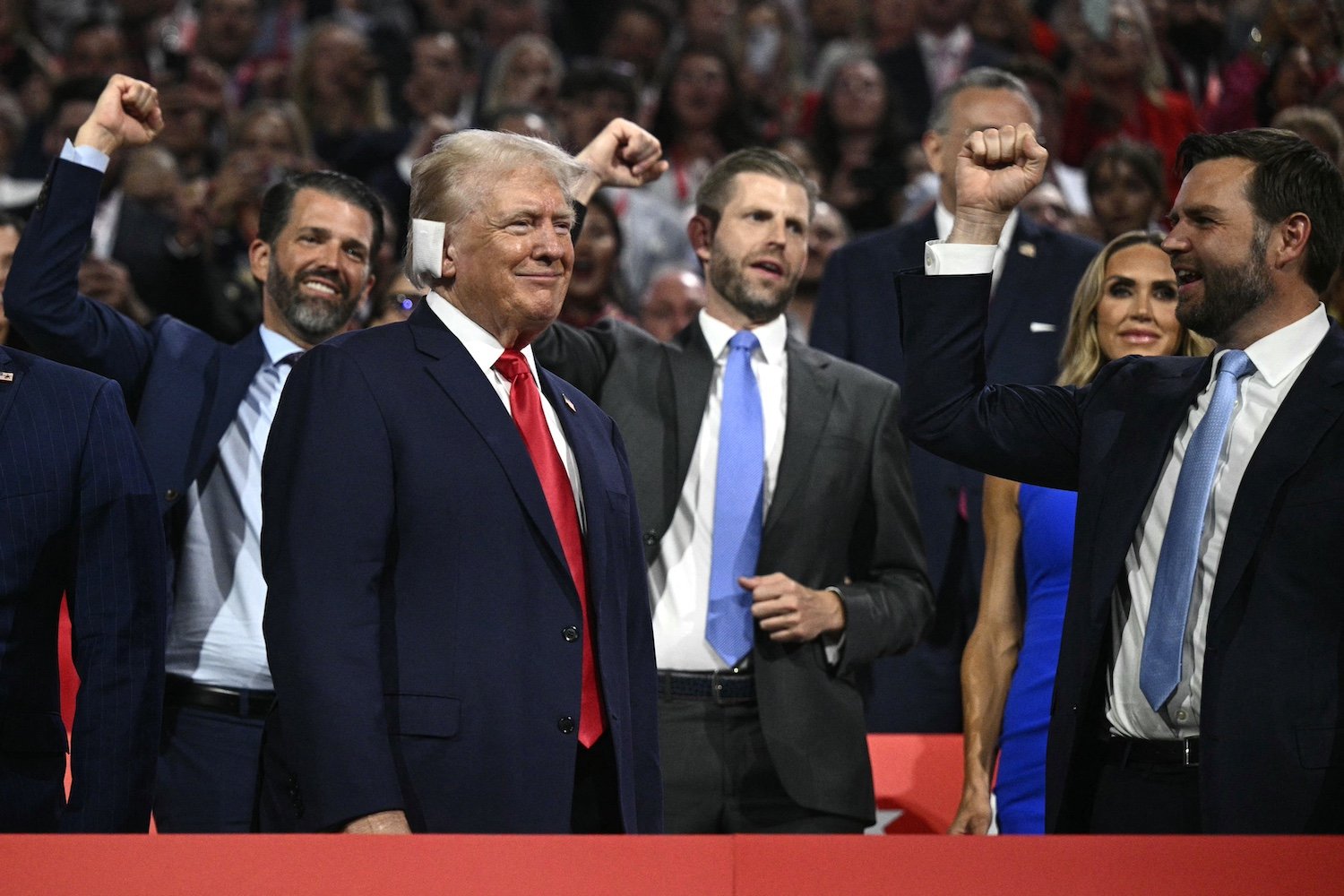 Donald Trump and his sons stand with JD Vance at the Republican Convention