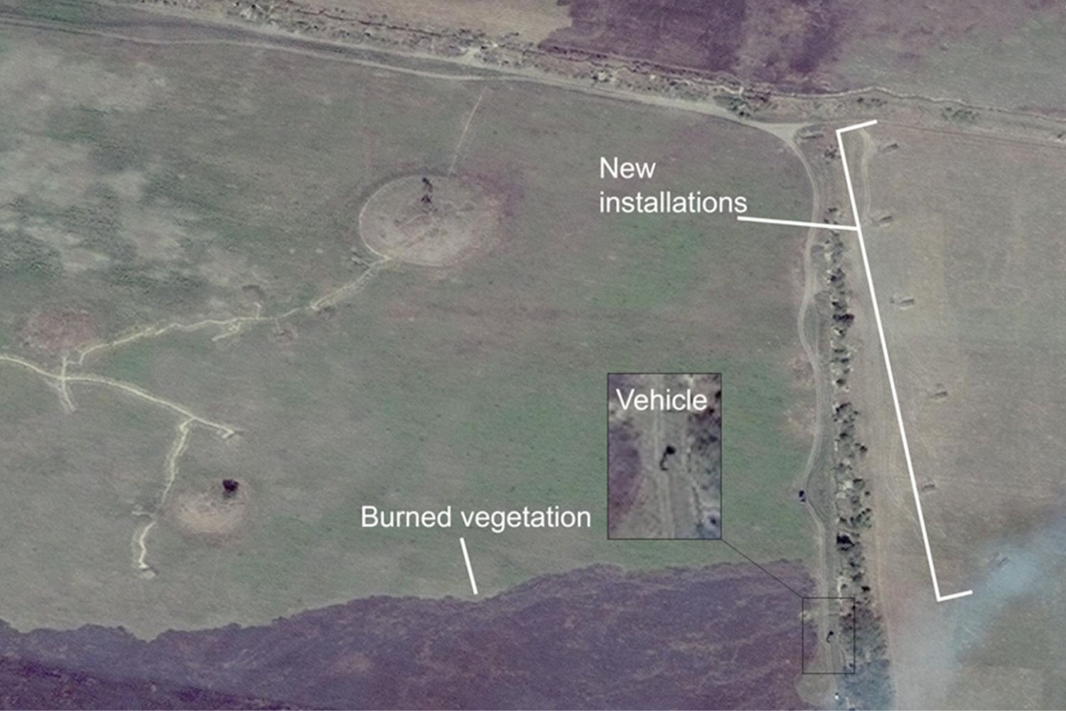 A satellite view of an archaeological site in Ukraine, including evidence of Russian occupation.